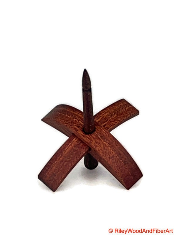 Mini Turkish Drop Spindle - Red Gum Whorl with Walnut Shaft on white background