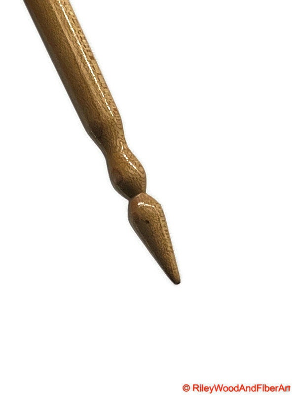 Top Whorl Drop Spindle - Zebra, Mahogany & Maple - 21g on white background