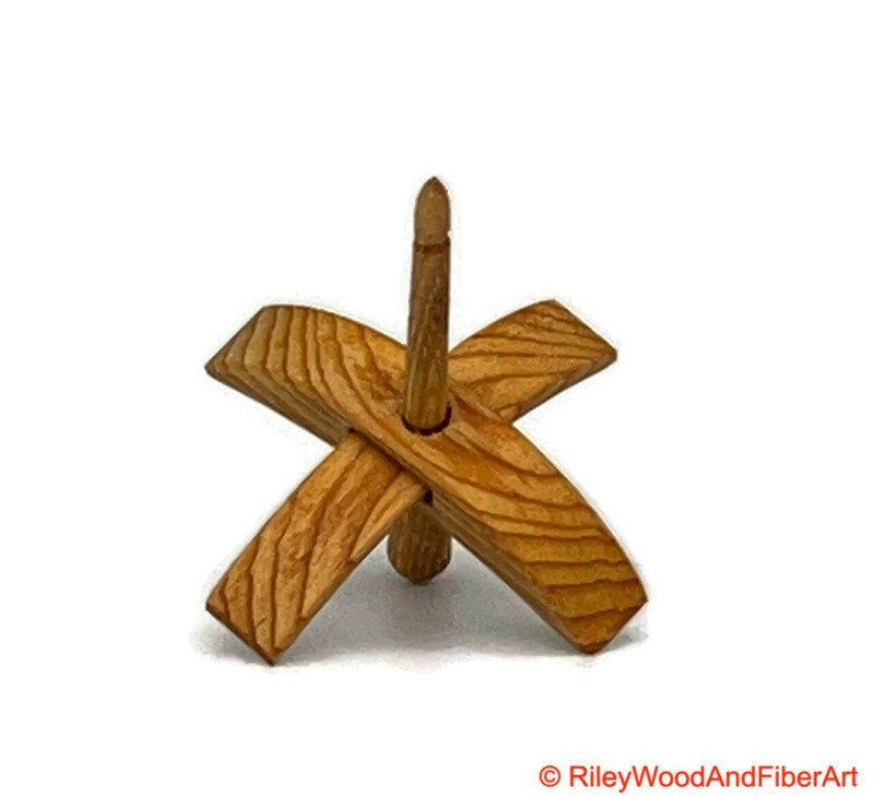 Mini Turkish Drop Spindle - Vertical Grain Douglas Fir Whorl with Hickory Shaft on white background