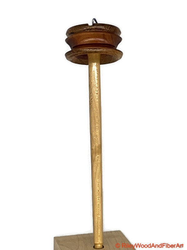 Top Whorl Drop Spindle - Rift Sawn White Oak & African Mahogany - 29g on white background