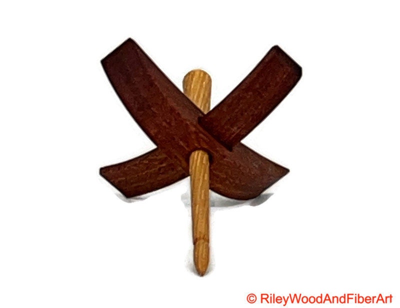 Mini Turkish Drop Spindle - Red Gum Whorl with Hickory Shaft on white background
