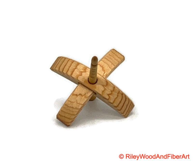 Mini Turkish Drop Spindle - Sitka Spruce Whorl with Curly Maple Shaft on white background