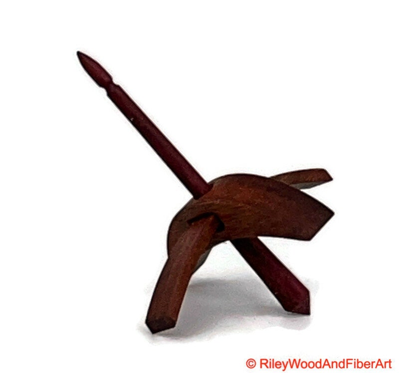 Mini Turkish Drop Spindle - Red Gum Whorl with Purple Heart Shaft on white background