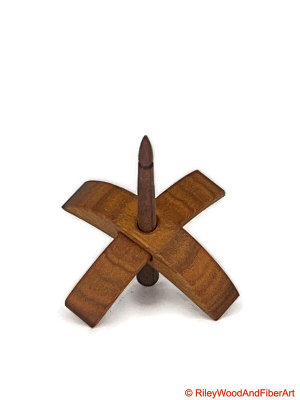 Mini Turkish Drop Spindle - Quartersawn Canary Whorl with Walnut Shaft on white background