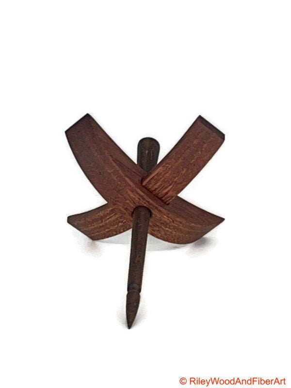 Mini Turkish Drop Spindle - Red Gum Whorl with Walnut Shaft on white background