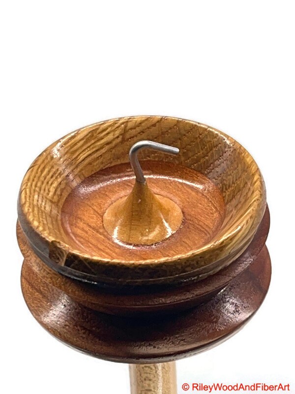 Top Whorl Drop Spindle - Rift Sawn White Oak & African Mahogany - 29g on white background