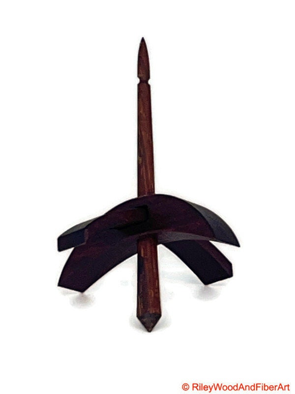 Mini Turkish Drop Spindle - Purple Heart Whorl with Honduran Rosewood Shaft on white background
